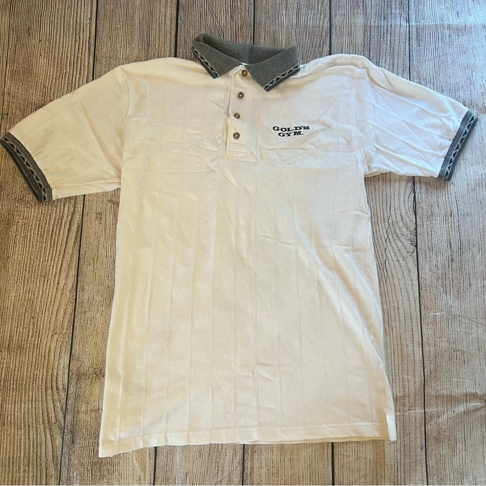 Vintage 90s Golds Gym Polo Shirt Mens L White Ribbed Employee Uniform Classic‎